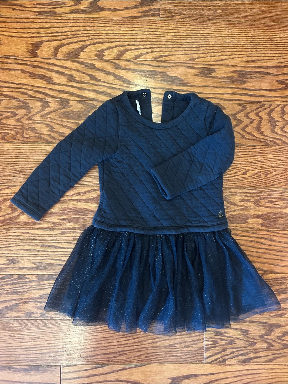 Petit Bateau Girls Navy Quilted Long-Sleeve Tulle Dress 24m